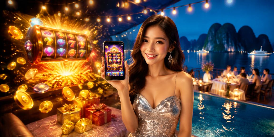 Người dùng chơi slot game trên bãi biển Hạ Long qua điện thoại